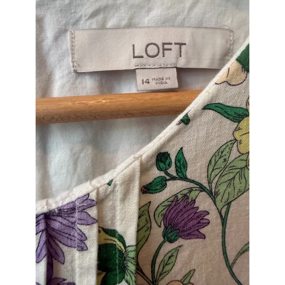 LOFT Floral Linen Puff Ruffle‎ Sleeve Shift Dress Size 14 Feminine Romantic